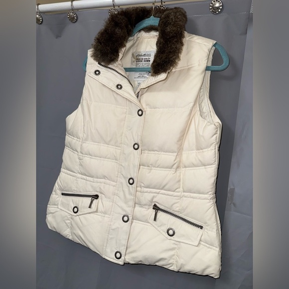 Eddie Bauer Ivory Quilted Puffer Goose Down Vest M Faux Fur Collar with Pockets - Picture 4 of 9
